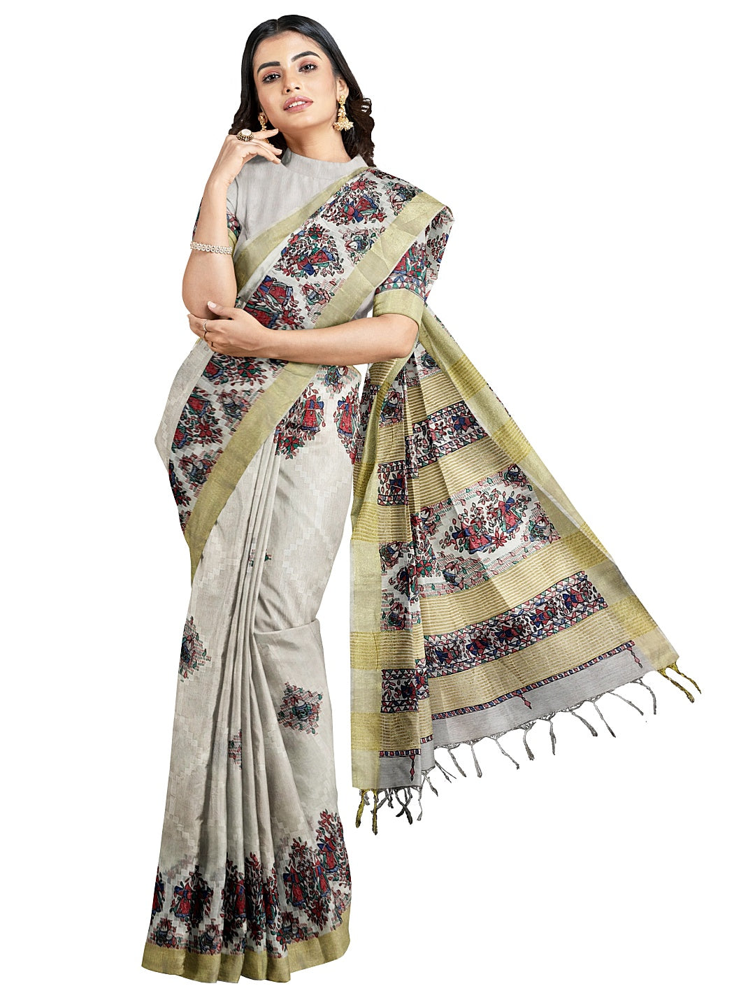 Handpainted Madhubani Kota Silk Saree in White with Zari Border